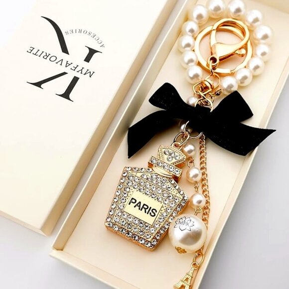 Paris Perfume Bottle Pearl Crystal Keychain Bag Charm - Picture 4 of 5